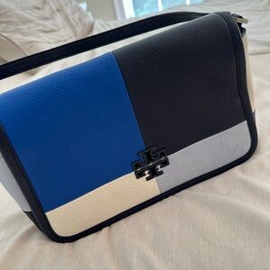 Tory Burch Britton Bondi Blue Colorblock Pebble Leather Shoulder Bag